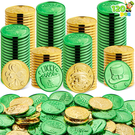 Joyfy 120 Pcs St.Patrick’s Day Coins, Green and Gold Coins for St Patrick Party Decorations, Accessories, Shamrock, Leprechaun, Cauldron and Hat Patterns