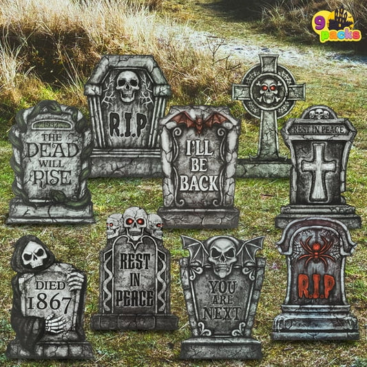 Joyfy 9 Pack 16 Inch Halloween Outdoor Tombstone Decorations, Cemetery Yard Lawn Plastic Tombstones for Halloween Cemetery Party Decorations