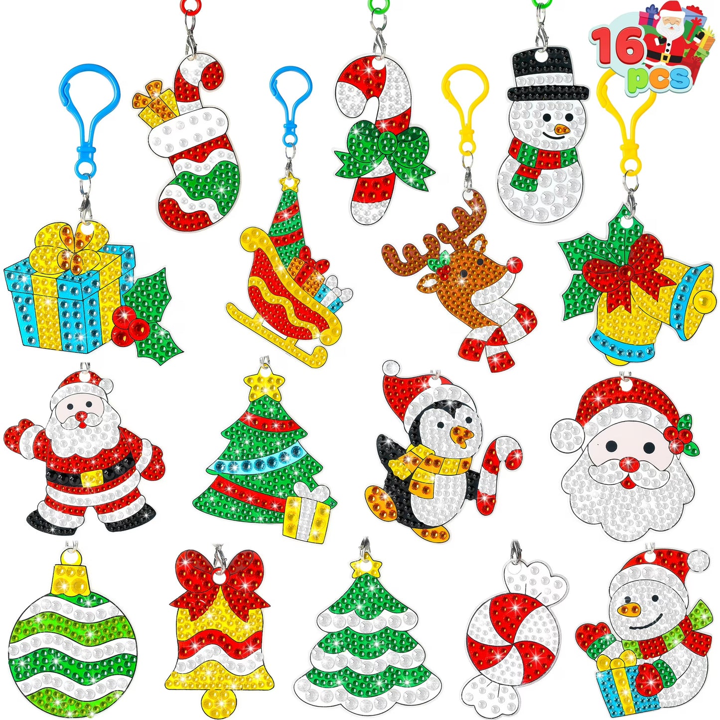 Joyfy 16-Piece Christmas Diamond Art Decoration Set, 5D DIY Diamond Crafts with Keychain for Kids, Diamond Painting Art Activity, Christmas Rhinestone Party Favors, Holiday Decorations Ages 8+