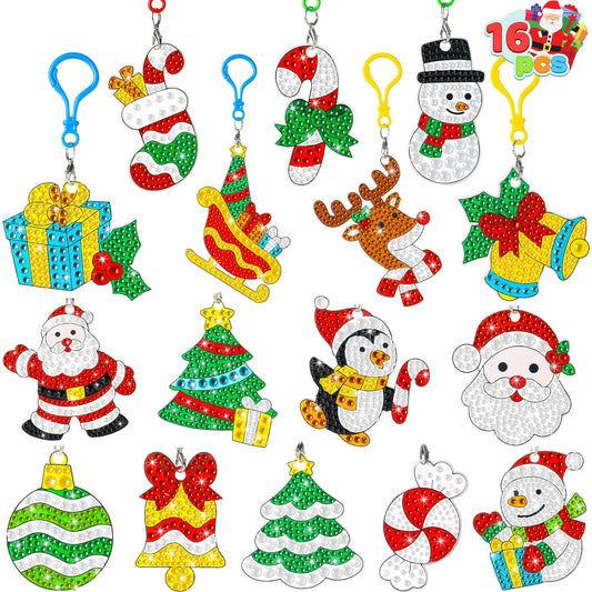 Joyfy 16-Piece Christmas Diamond Art Decoration Set, 5D DIY Diamond Crafts (with Keychain) for Kids, Diamond Painting Art Activity, Christmas Rhinestone Party Favors, Holiday Decorations (Ages 8+)