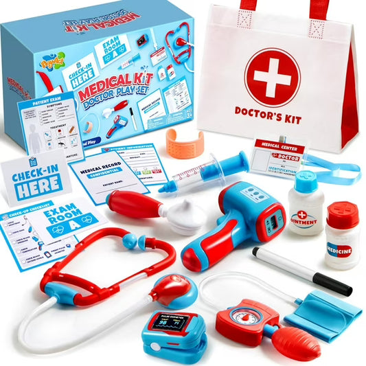 Kids Doctor Kit,16-Piece Pretend Play Medical Kit with Bag,Doctor Role Play Set,Realistic Toy Stethoscope,Reusable Record Cards,Dress Up Doctor Playset for Toddlers Ages 3+