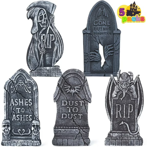 Joyfy 5-Pack 17 Inch Halloween Tombstone Outdoor Decorations, Foam RIP Cemetery Headstone Decorations and 12 Halloween Yard Lawn Decoration Metal Stakes