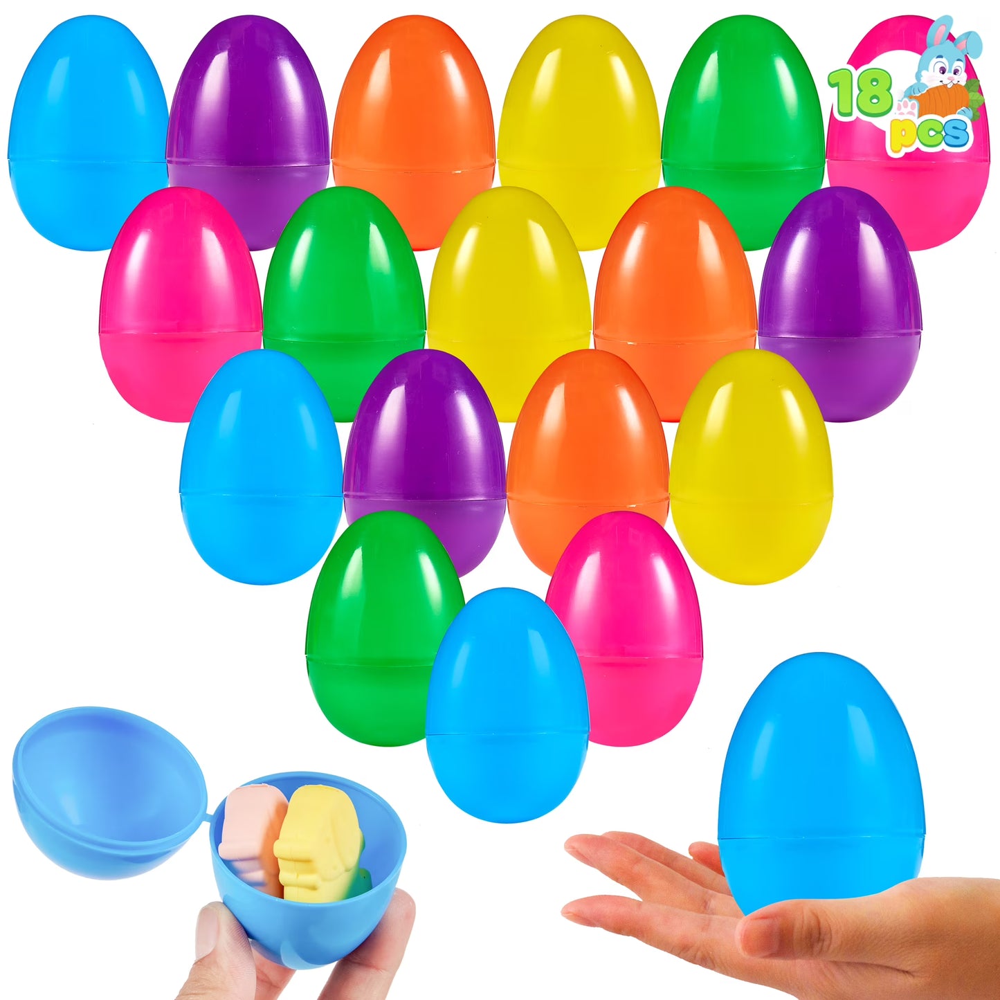 Joyfy 18Pcs 3.15 Easter Eggs, Fillable Plastic Eggs Empty Colorful Bright Eggshells with Hinge for Easter Hunt, Filling Treats, Party Favor, Basket Stuffers, Classroom Prize Supplies