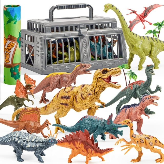 Joyfy 19 PCS Realistic Dinosaur Figures & Trees for Toddlers, Dinosaur Toys with Activity Play Mat & Storage Cage, Dino Playset Toys for Kids Ages 3-5, Dinosaur Toys for Boys and Girls Gift