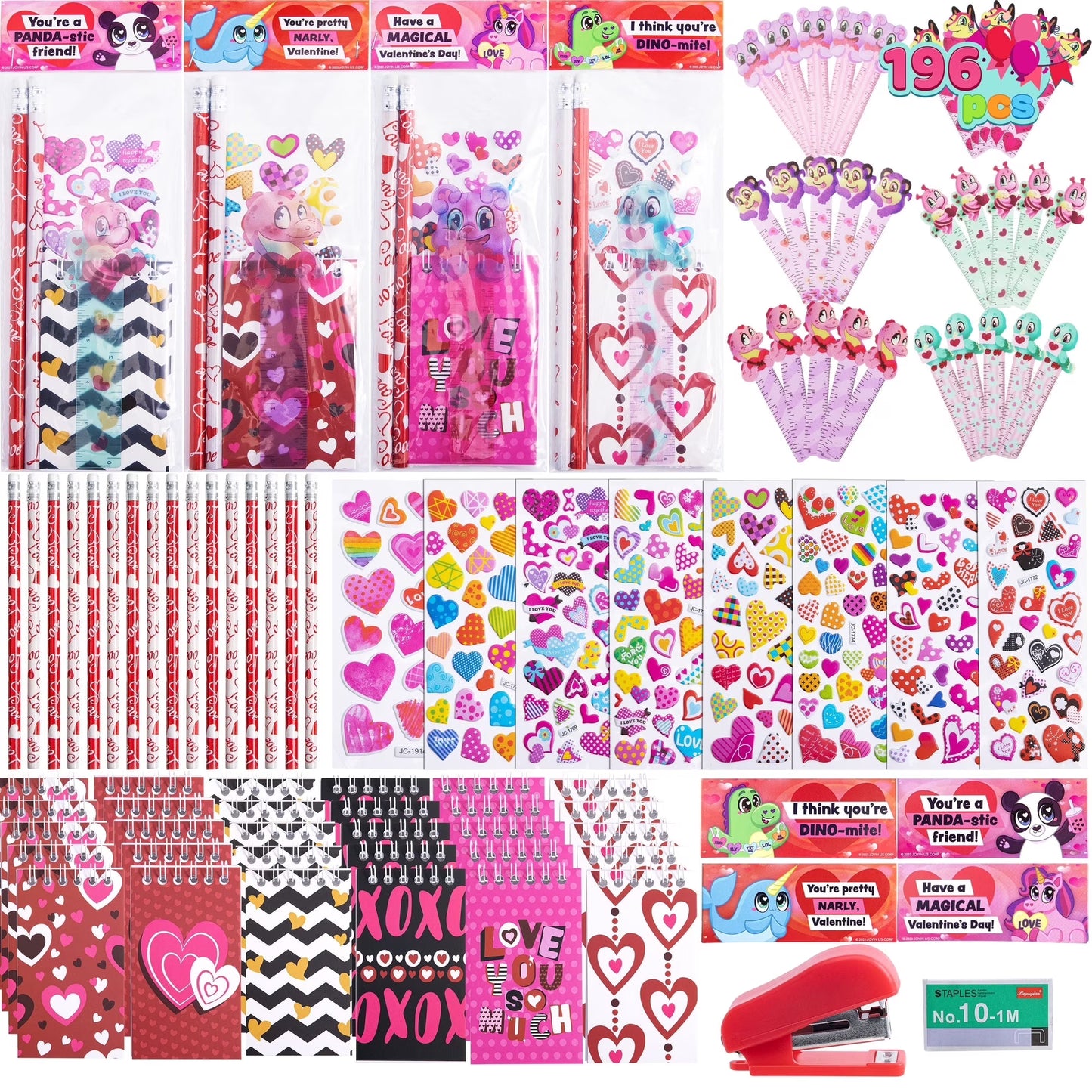 Joyfy 196 PCS Valentines Gifts for Kids with Cards, Valentines Goodie Bag Stuffers, Assorted Stationery Set for Valentines School Class Exchange Party Favors Supplies