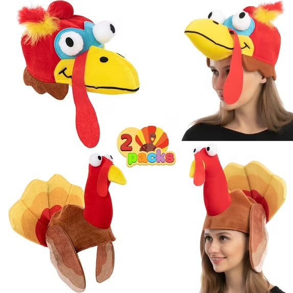 Joyfy 2 Pack Thanksgiving Turkey Cap for Kids and Adults Plush Turkey Hat, Thanksgiving Accessories