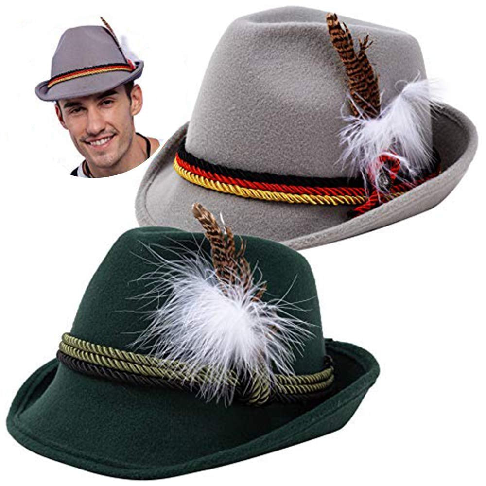Joyfy 2 Pcs Oktoberfest Hat Set for Adults, Green Gray Felt Alpine Hat Bavarian Costume Accessory for Halloween Party and Cosplay