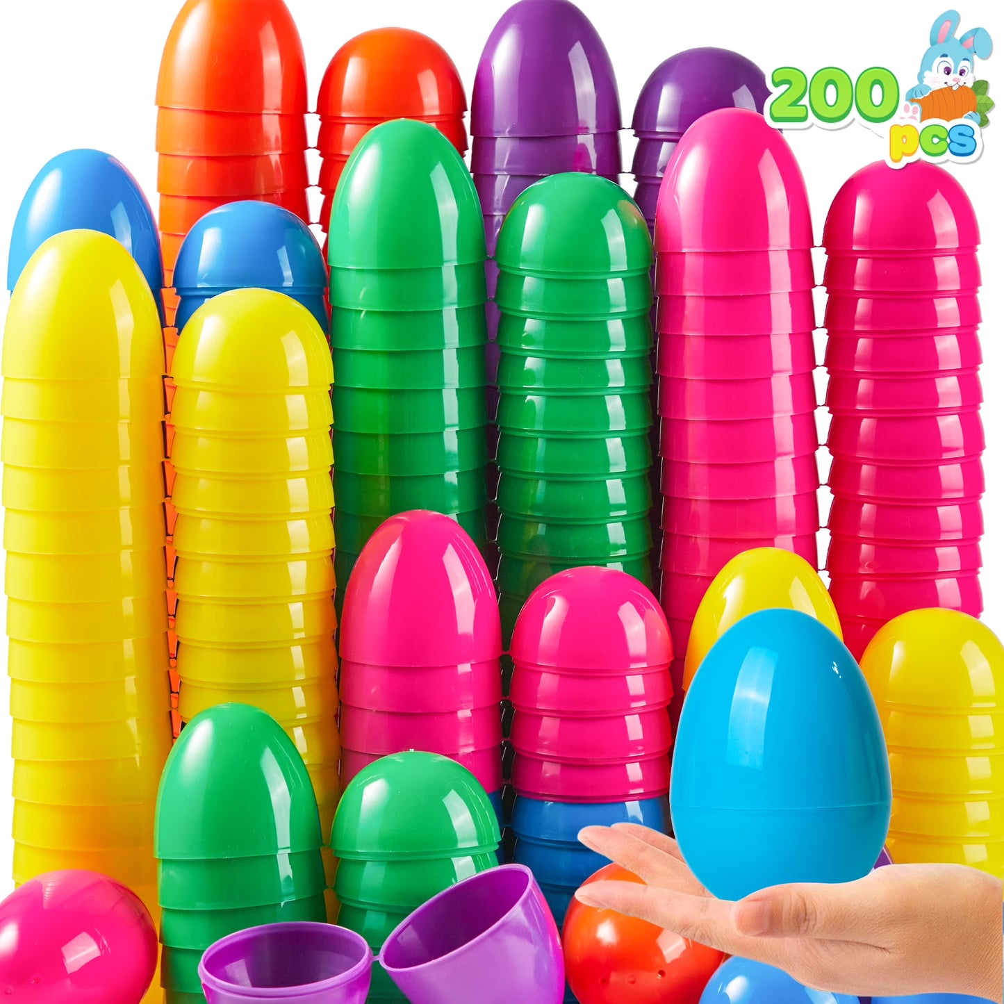 Joyfy 200Pcs 3.15 Easter Eggs, Plastic Fillable Eggs Empty Colorful Bright Eggshells with Hinge for Easter Hunt, Filling Treats, Party Favor, Basket Stuffers, Classroom Prize Supplies
