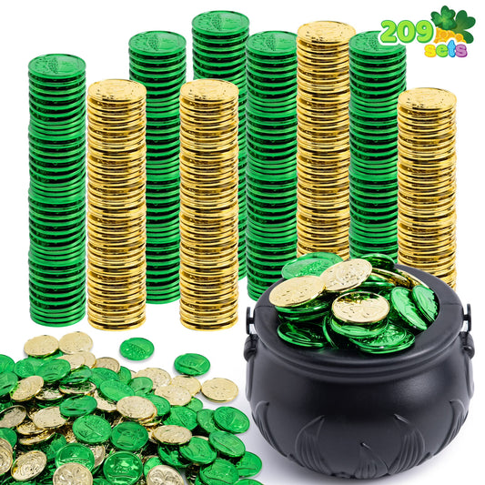 Joyfy 208 Pcs St Patrick’s Day Lucky Leprechaun Plastic Coins and 1 Large Black Cauldron with Handle Pot of Gold Party Supplies, St. Patrick Decorations Party Favors
