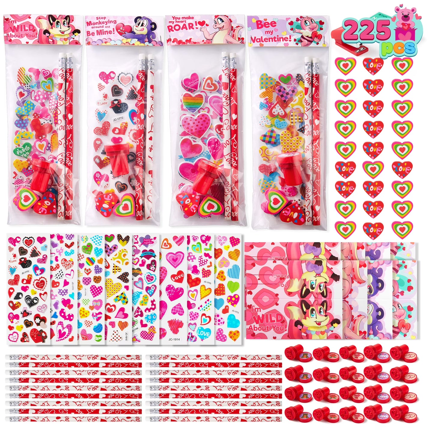 Joyfy 225 Pcs Valentines Gifts for Kids, Valentines Goodie Bag Stuffers, Valentines Cards for Kids Classroom Exchange, Assorted Stationery Set for Valentines Party Favors Supplies