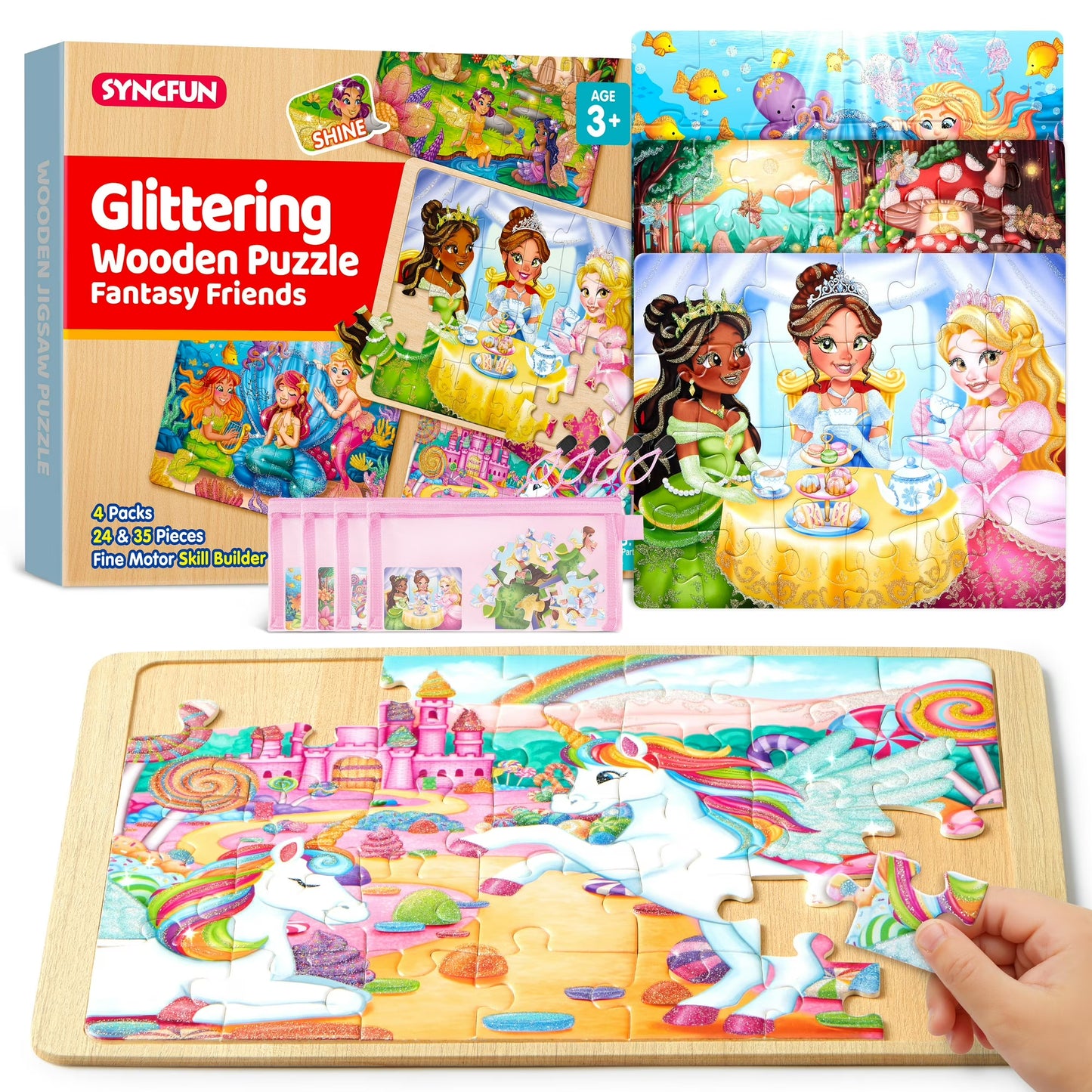 Joyfy 4-in-1 Princess Unicorn Mermaid Fairy Wooden Puzzles for Girls Ages 3-8 24 & 35 Pcs Glow in The Dark Jigsaw Puzzles for Toddlers, Travel Toys for Kids, Christmas Birthday Gifts