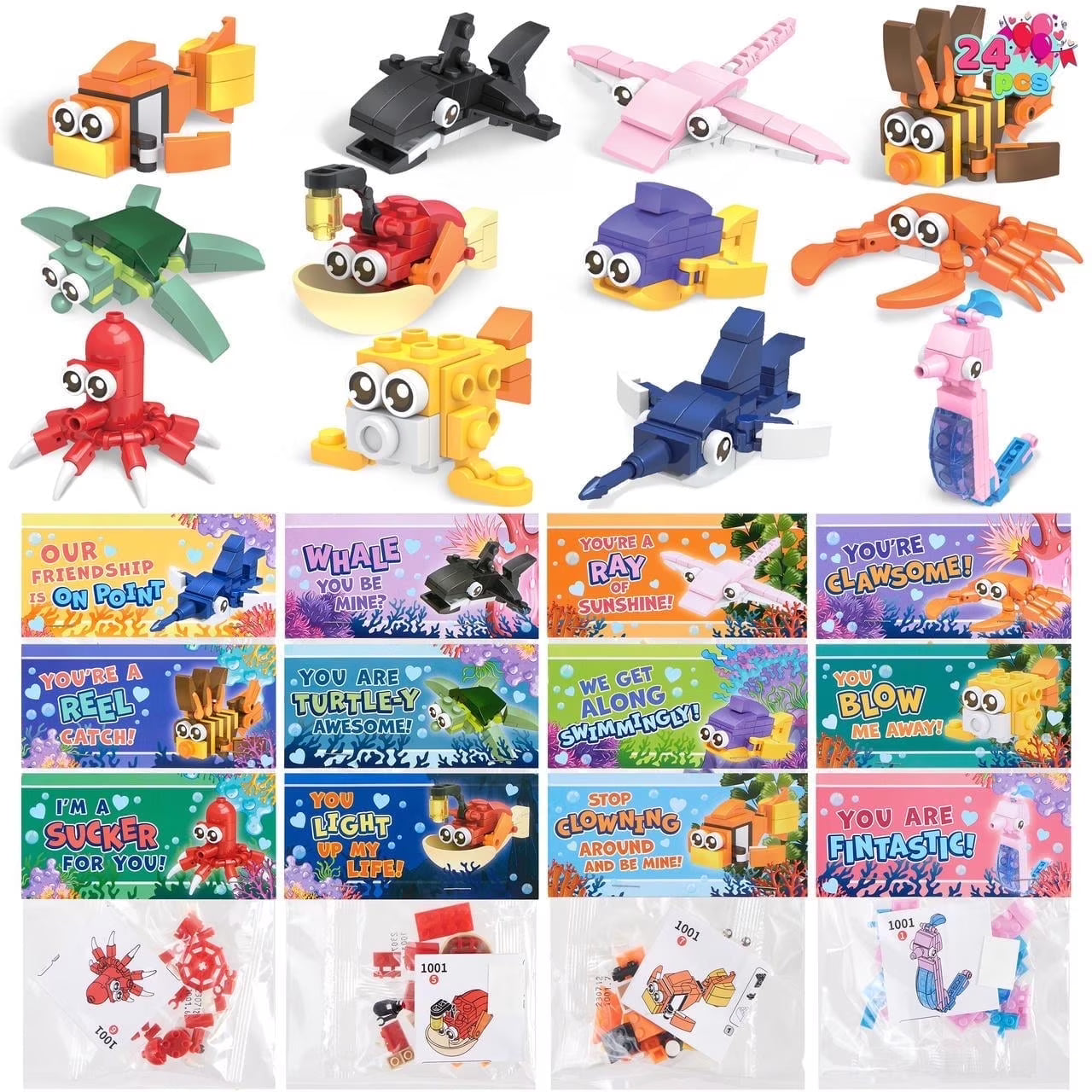 Joyfy 24 Packs Valentines Cards with Building for Kids,Valentines Exchange Cards with Boxes for Boys Girls,Valentines School Classroom Party Favors