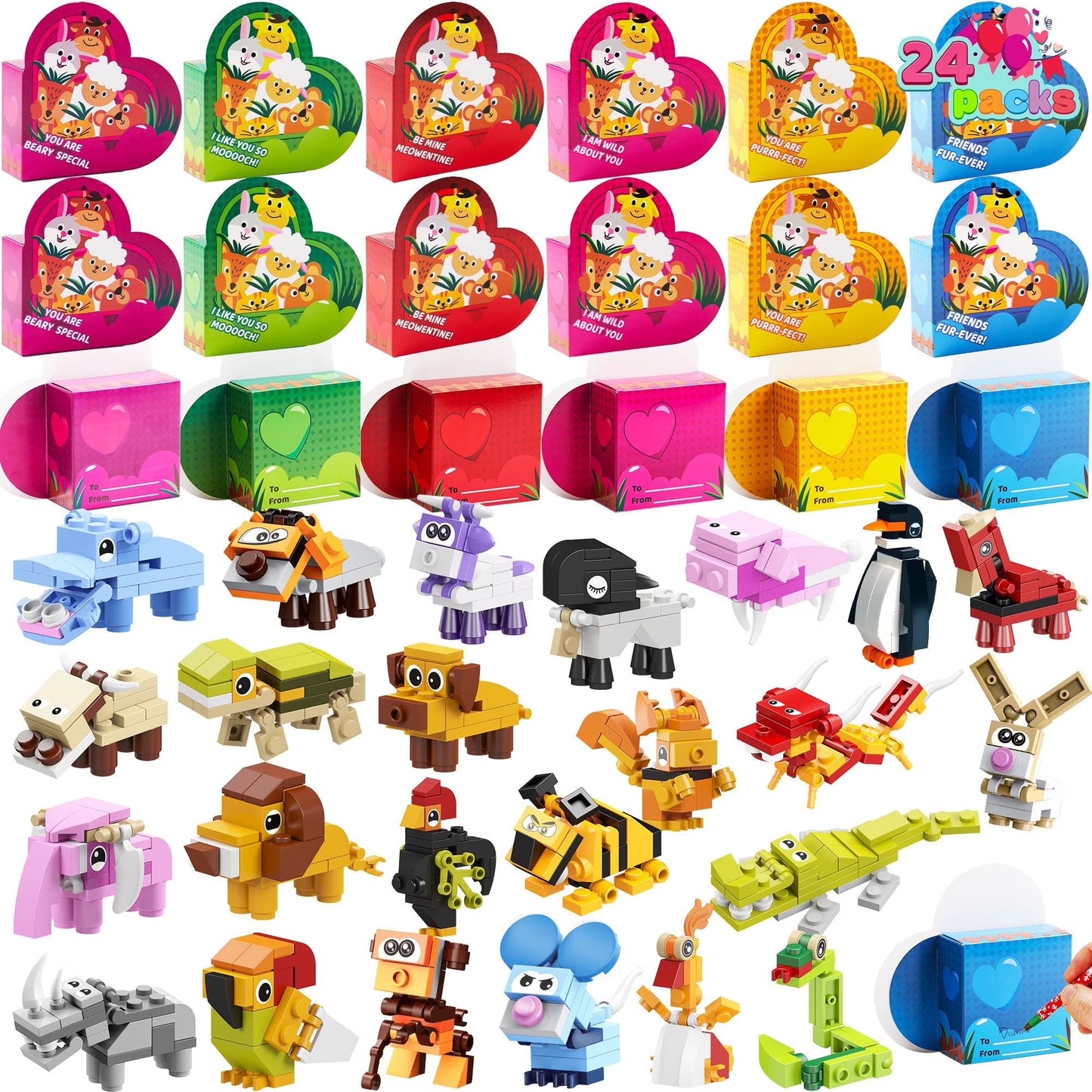 Joyfy 24 Packs Valentines Day Cards With Animals Building Blocks for Kids, Building count Blocks with Heart Shaped Boxes, Valentines School Class Exchange Card Gifts Boys Girls, Award Party Favors