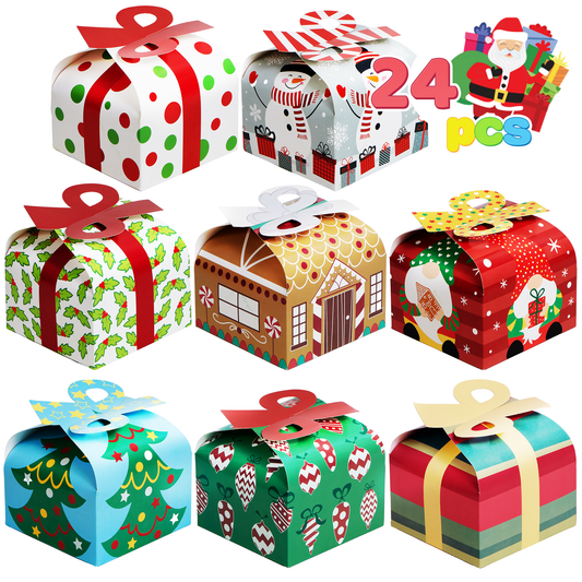 Joyfy 24 Pcs 3D Christmas Goody Gift Boxes with Bow for Holiday Xmas Goodie Paper Boxes, School Classroom Party Favor Supplies, Candy Treat Cardboard Cookie Boxes