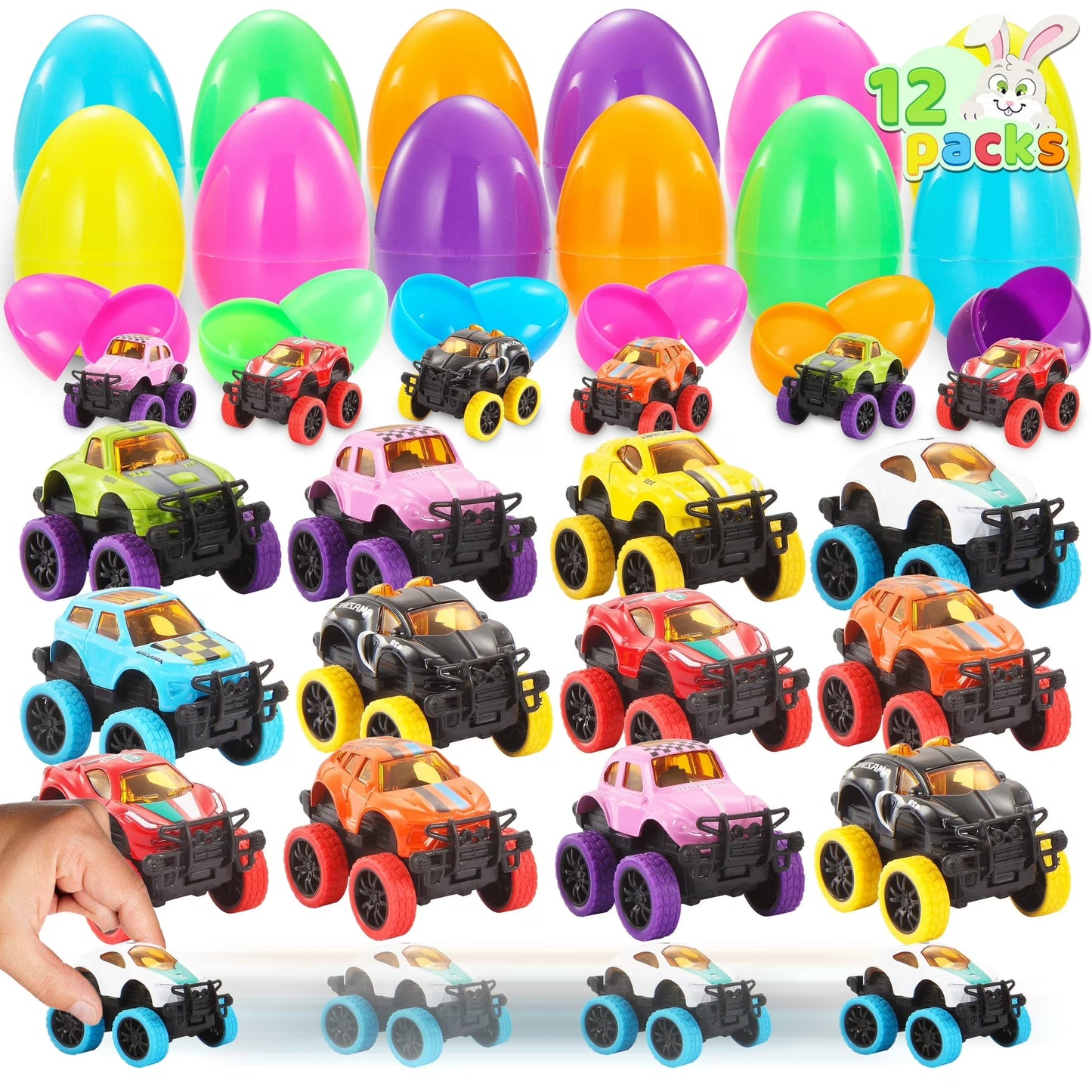 Joyfy 24 Pcs Easter Eggs Filled with Toys(12 Cars and 12 Eggs),Easter Egg Fillers Mini Toys Truck Basket for Toddlers Kids Boys,Easter Egg Hunt Supplies