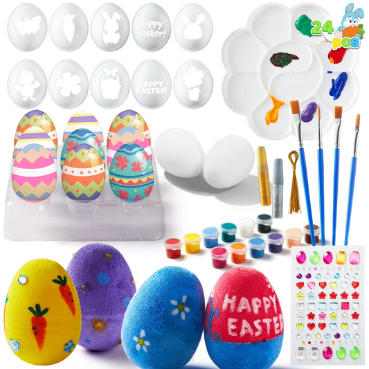 Joyfy 24 Pcs Easter Eggs Painting Kit DIY Easter Egg Decorating Craft Kit with Stickers and Stencils for Kids,Easter Egg Coloring,Home School Class Egg Crafts