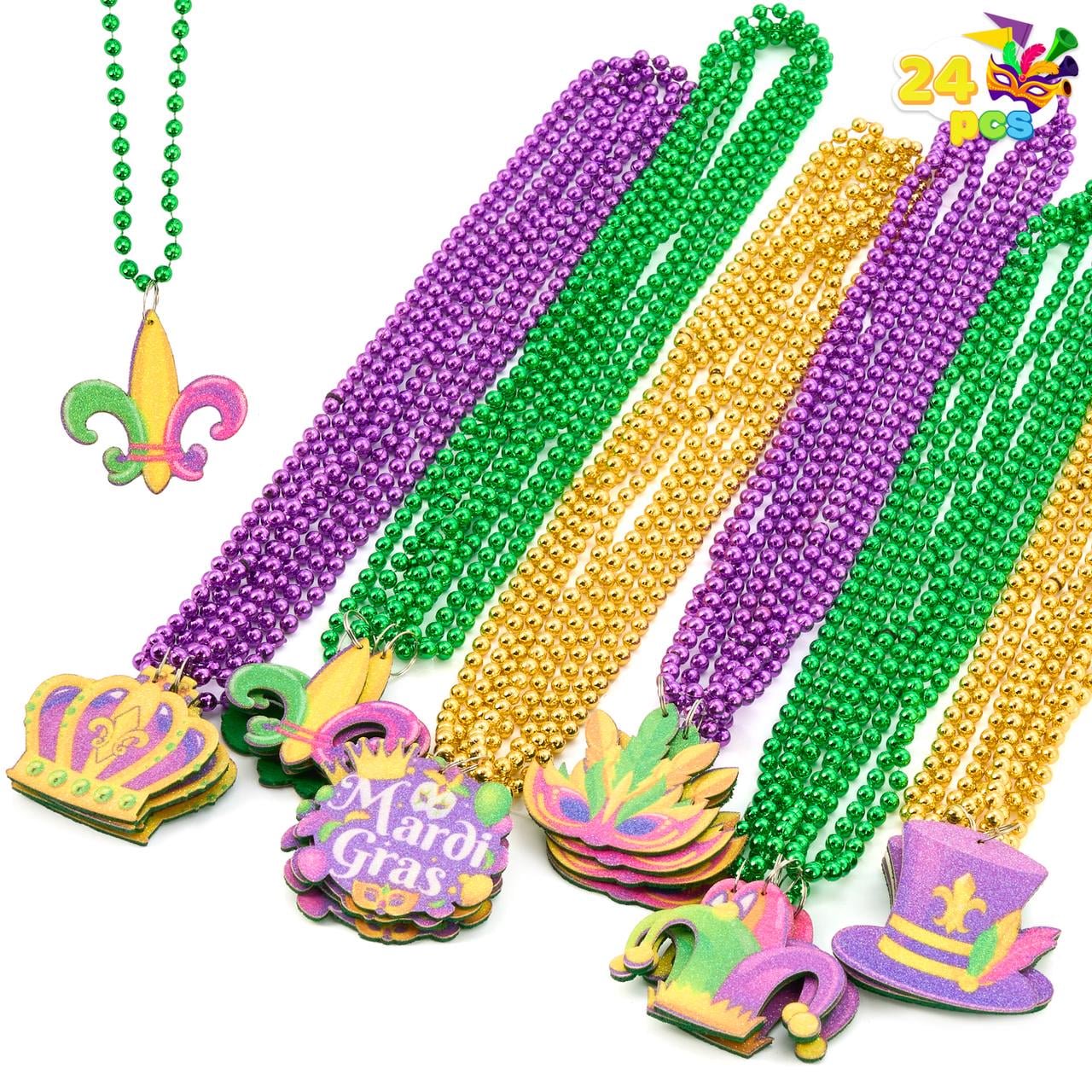 Joyfy 24 Pcs Mardi Gras Bead Necklaces with Pendant, 6 Designs Mardi Gras Necklaces, Dress Up Costumes for Mardi Gras Party Decorations Supplies, Gold Green Purple Beads Necklace