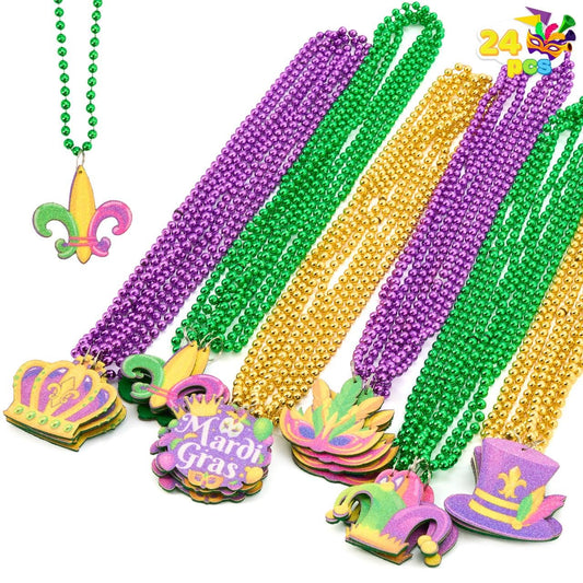 Joyfy 24 Pcs Mardi Gras Bead Necklaces with Pendant, 6 Designs Mardi Gras Necklaces, Dress Up Costumes for Mardi Gras Party Decorations Supplies, Gold Green Purple Beads Necklace