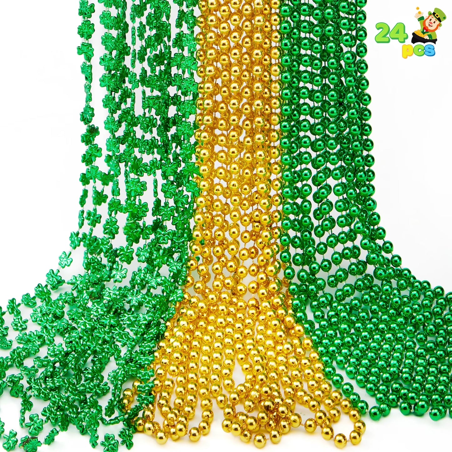 Joyfy 24 Pcs St. Patrick¡¯s Day Necklace Set, 8 Green and 8 Gold Bead Necklaces and 8 Green Shamrock Bead Necklaces, Irish Party Favor Supplies Decorations