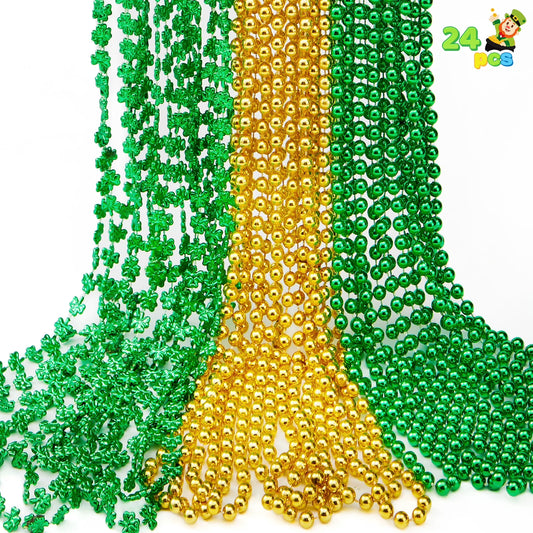 Joyfy 24 Pcs St. Patrick’s Day Necklace Set, 8 Green and 8 Gold Bead Necklaces and 8 Green Shamrock Bead Necklaces, Irish Party Favor Supplies Decorations