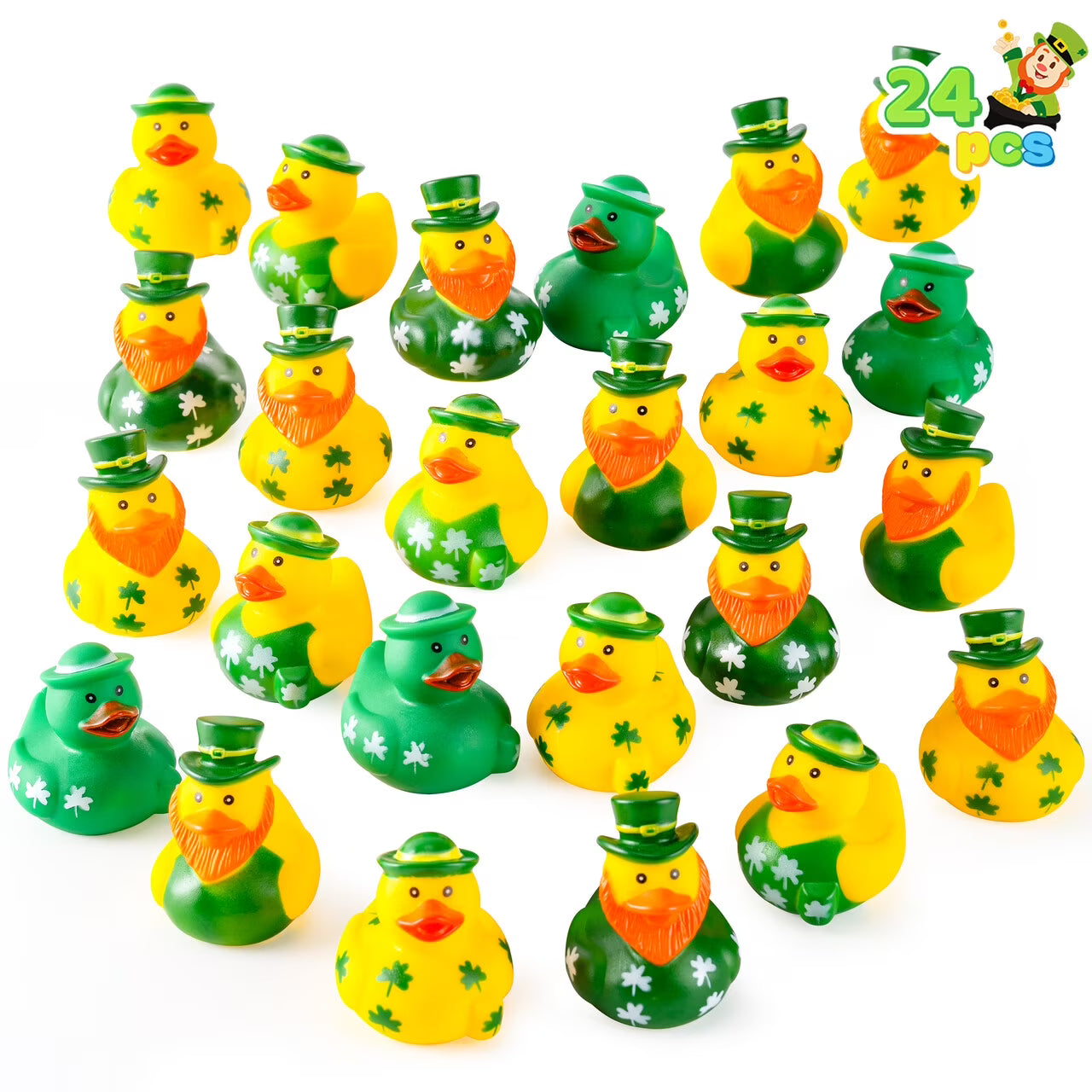Joyfy 24 Pcs St. Patrick Day Rubber Ducks, Lucky Ducks with St. Patrick Day Green Rubber Duck Hats and Clover Shamrock Patterns, Party Favors & Decorations