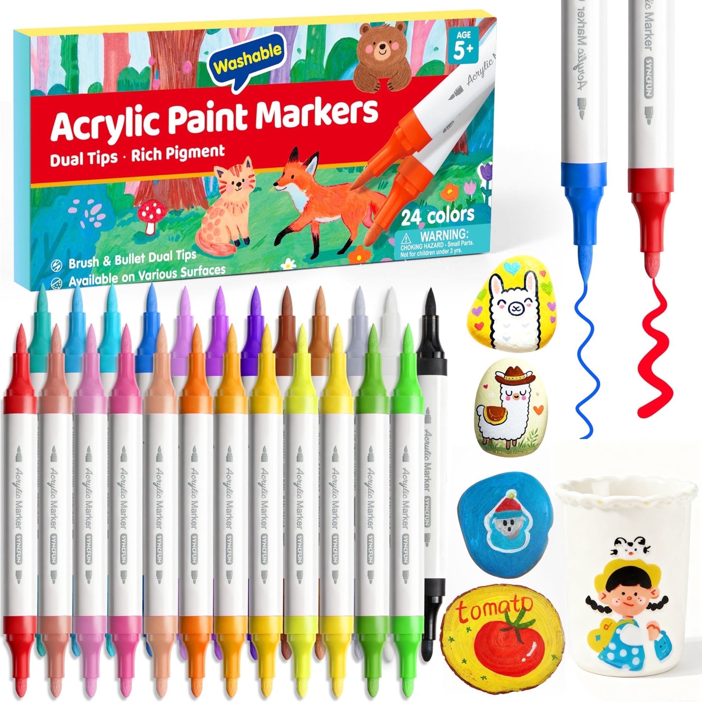 Joyfy 24 pcs Washable Acrylic-Based Brush & Bullet Dual Tip Markers