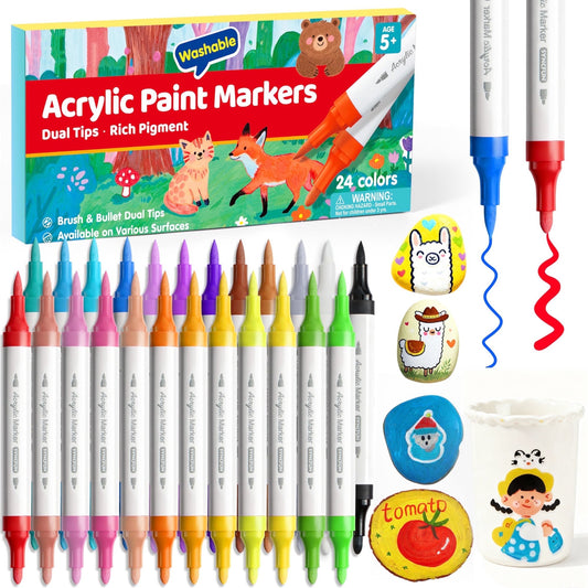 Joyfy 24 pcs Washable Acrylic-Based Brush & Bullet Dual Tip Markers