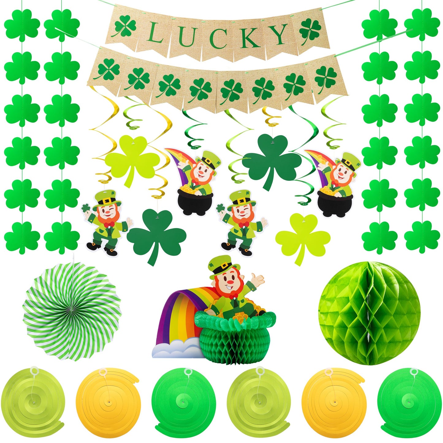 Joyfy 25 Pcs St. Patrick Day Decorations, 2 Pcs 7FT Banners, 6 Hanging Swirls, 4 Strings, 2 Paper Fans, 2 Tissue Honeycomb balls, 8 Paper Cutouts, 1 Centerpiece for Party Favors Accessories