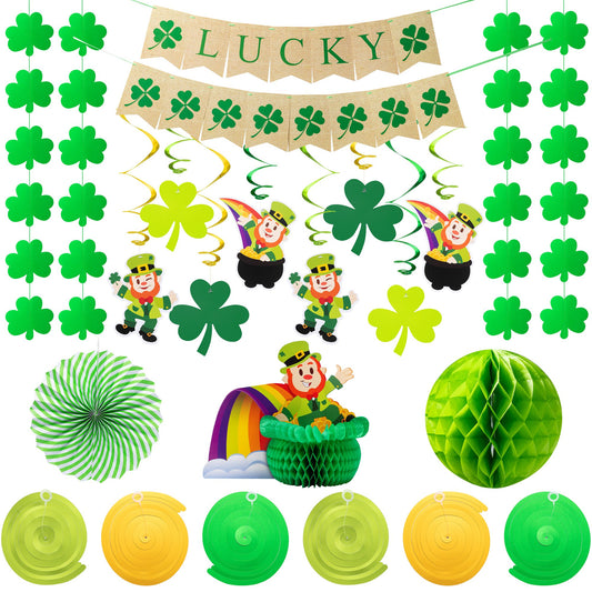 Joyfy 25 Pcs St. Patrick's Day Decorations, 2 Pcs 7FT Banners, 6 Hanging Swirls, 4 Strings, 2 Paper Fans, 2 Tissue Honeycomb balls, 8 Paper Cutouts, 1 Centerpiece for Party Favors Accessories