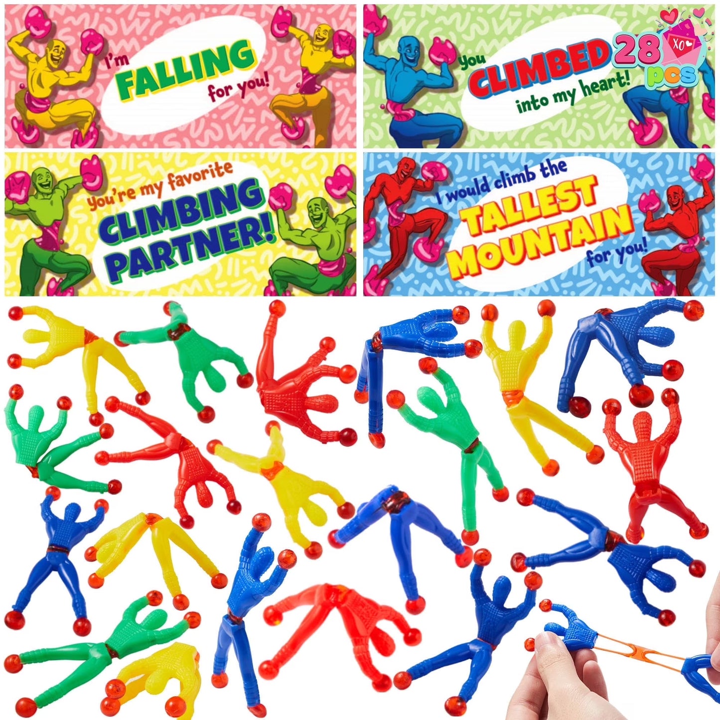 Joyfy 28 Packs Valentine's Day Cards with Sticky Wall Climbing Men, Squishy Toy Stress Relief Fidget Toys for Men, Valentines Exchange Cards for Kids Class