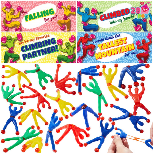 Joyfy 28 Packs Valentine's Day Cards with Sticky Wall Climbing Men, Squishy Toy Stress Relief Fidget Toys for Men, Valentines Exchange Cards for Kids Class