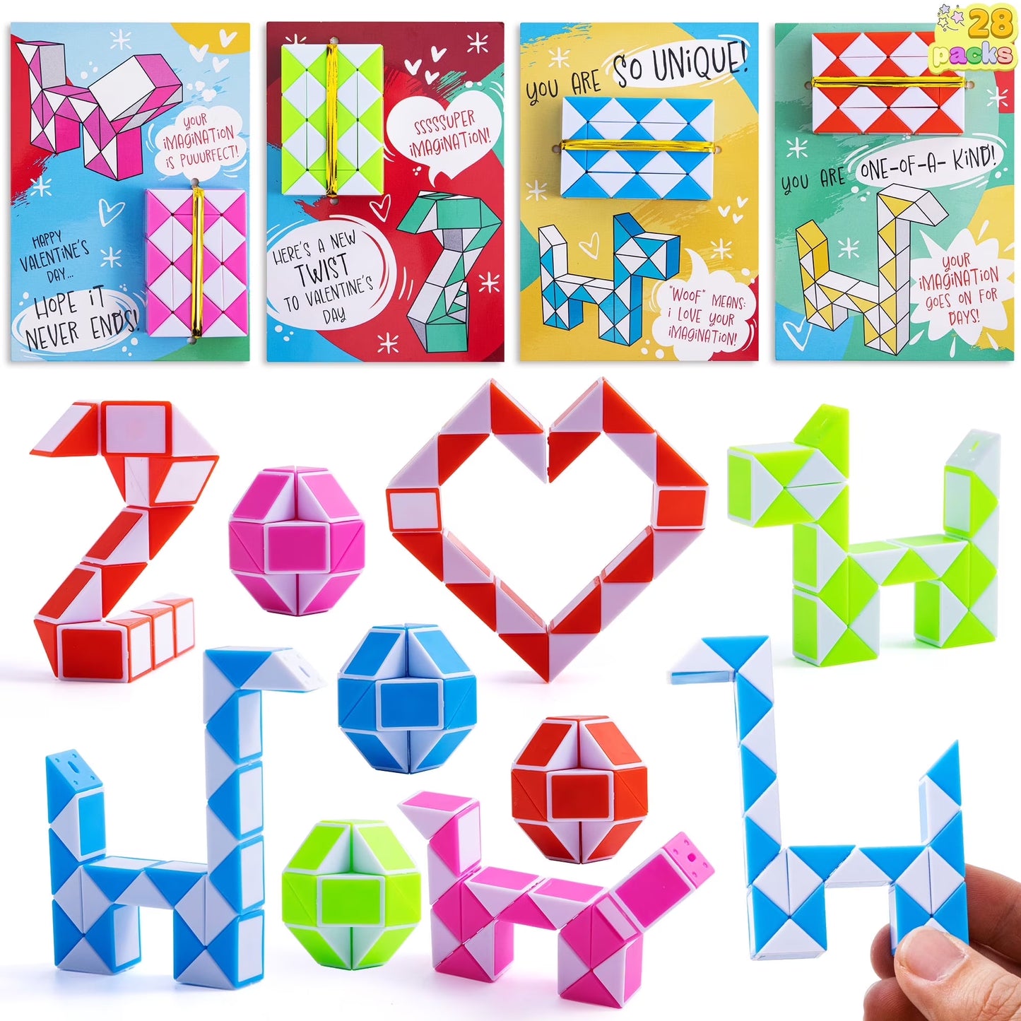 Joyfy 28 Packs Valentine Day Cards with Fidget Cube Snake Cube Twist Puzzles Toys for Kids Valentine Class Exchange Cards