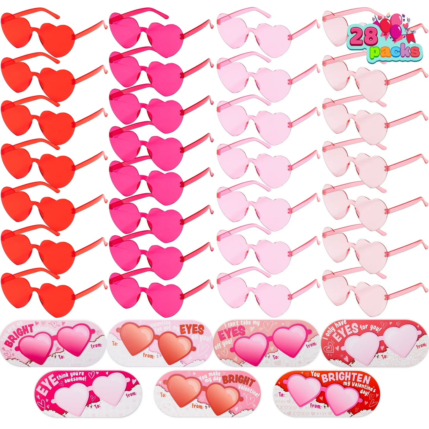 Joyfy 28 Packs Valentine Day Cards with Heart Shaped Sunglasses for Kids, Valentines School Classroom Exchange Gifts, Valentines Party Favors