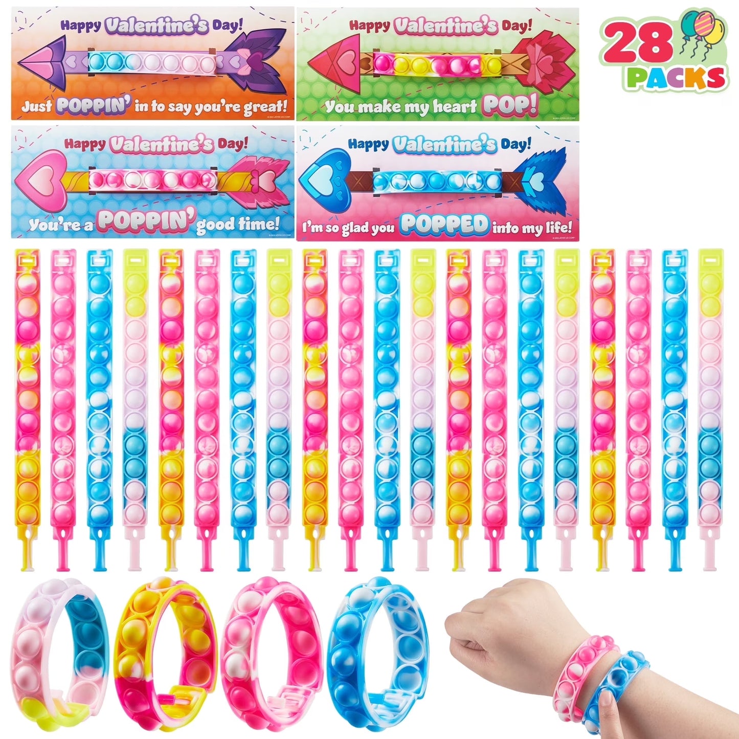 Joyfy 28 Packs Valentine Day Cards with Pop Fidget Bracelet Toy Pop Bubble Fidget Toys for Kids Valentine School Classroom Exchange Gift Cards