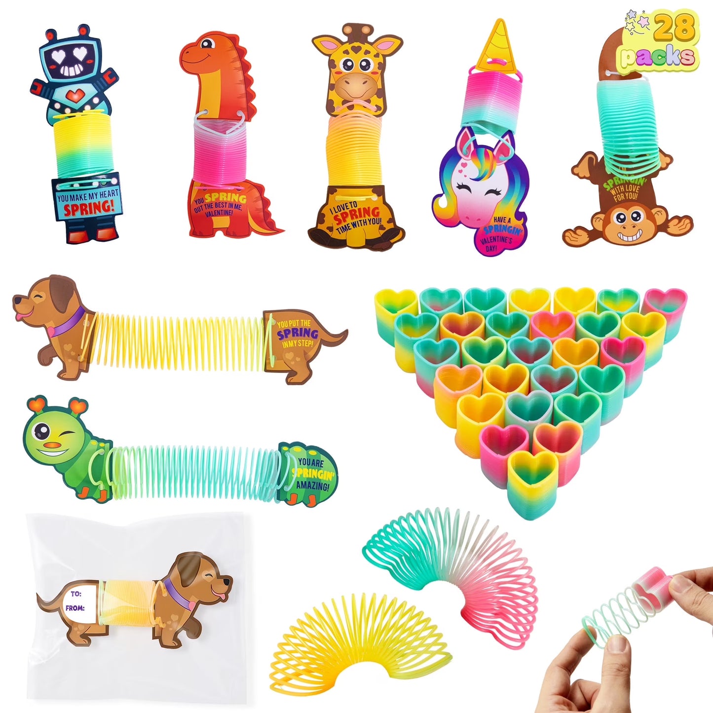 Joyfy 28 Packs Valentine Day Cards with Rainbow Springs Fidget Valentines Toys for Kids Valentine Classroom Favors