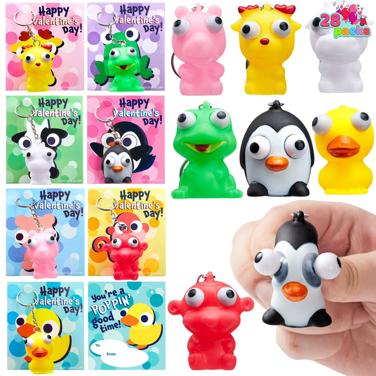 Joyfy 28 Packs Valentine Day Gift Card with Unzip Popping Eyes Animal Keychains for Kids Party Favor, Classroom Exchange Prizes, Valentine¡¯s Greeting Cards