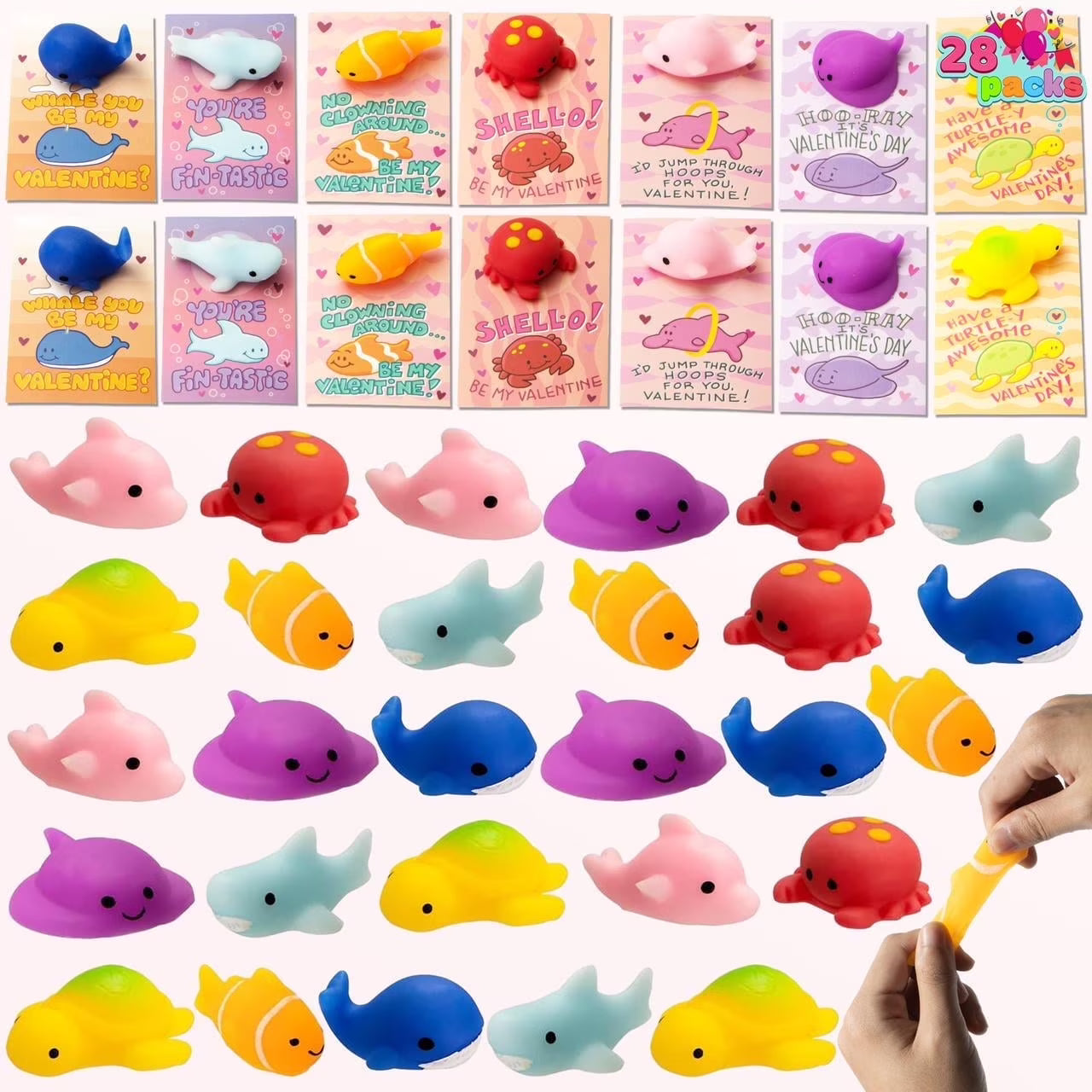 Joyfy 28 Packs Valentines Cards with Mochi Squishy Toys for Kids, Valentine Stress Relief Fidget Toys for Kids Boys ,Valentines Classroom Exchange Cards Gifts