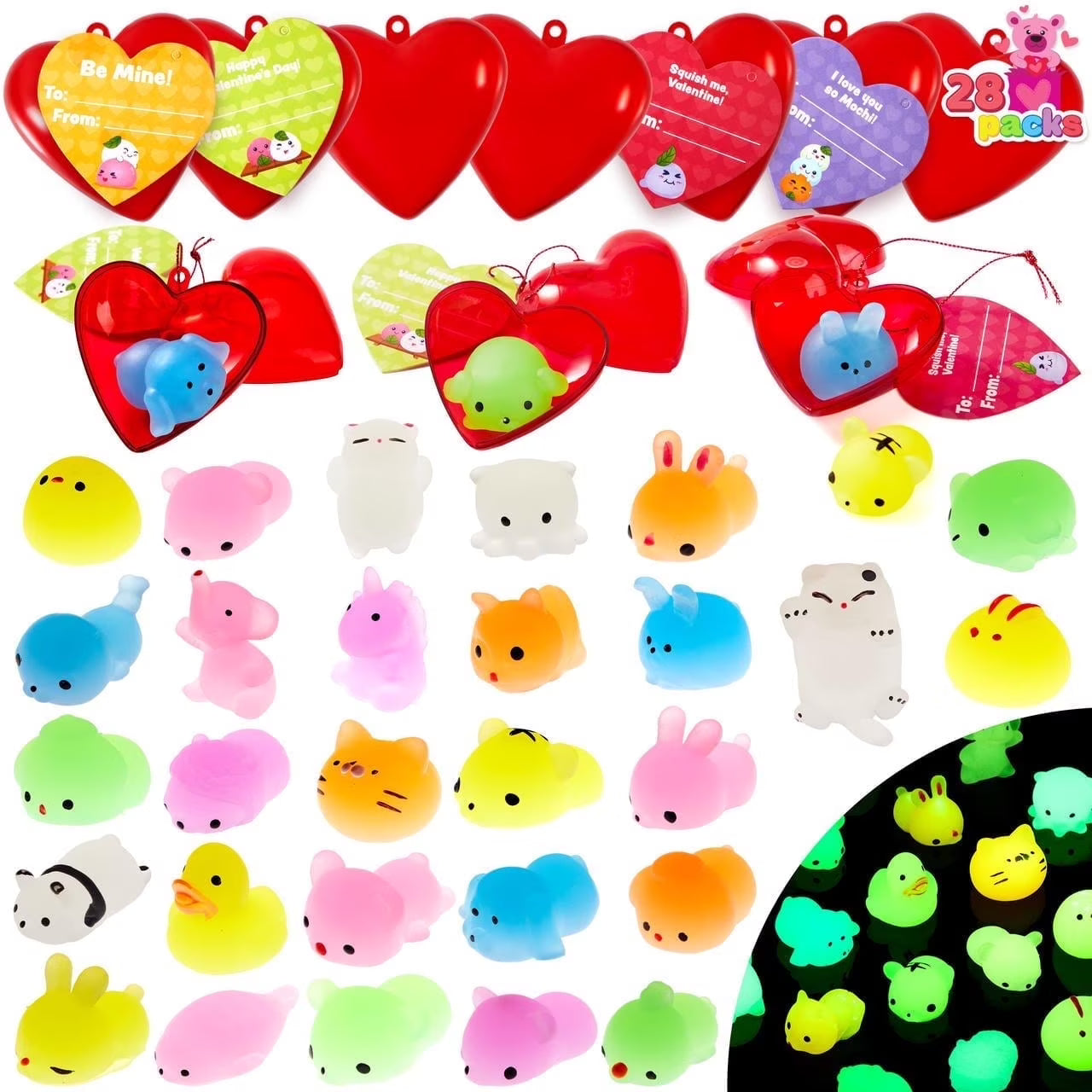 Joyfy 28 Packs Valentines Cards with Mochi, Kawaii Stress Relief Mochi Squishy Toys Filled Hearts for Kids Classroom Exchange Cards Valentine Gifts