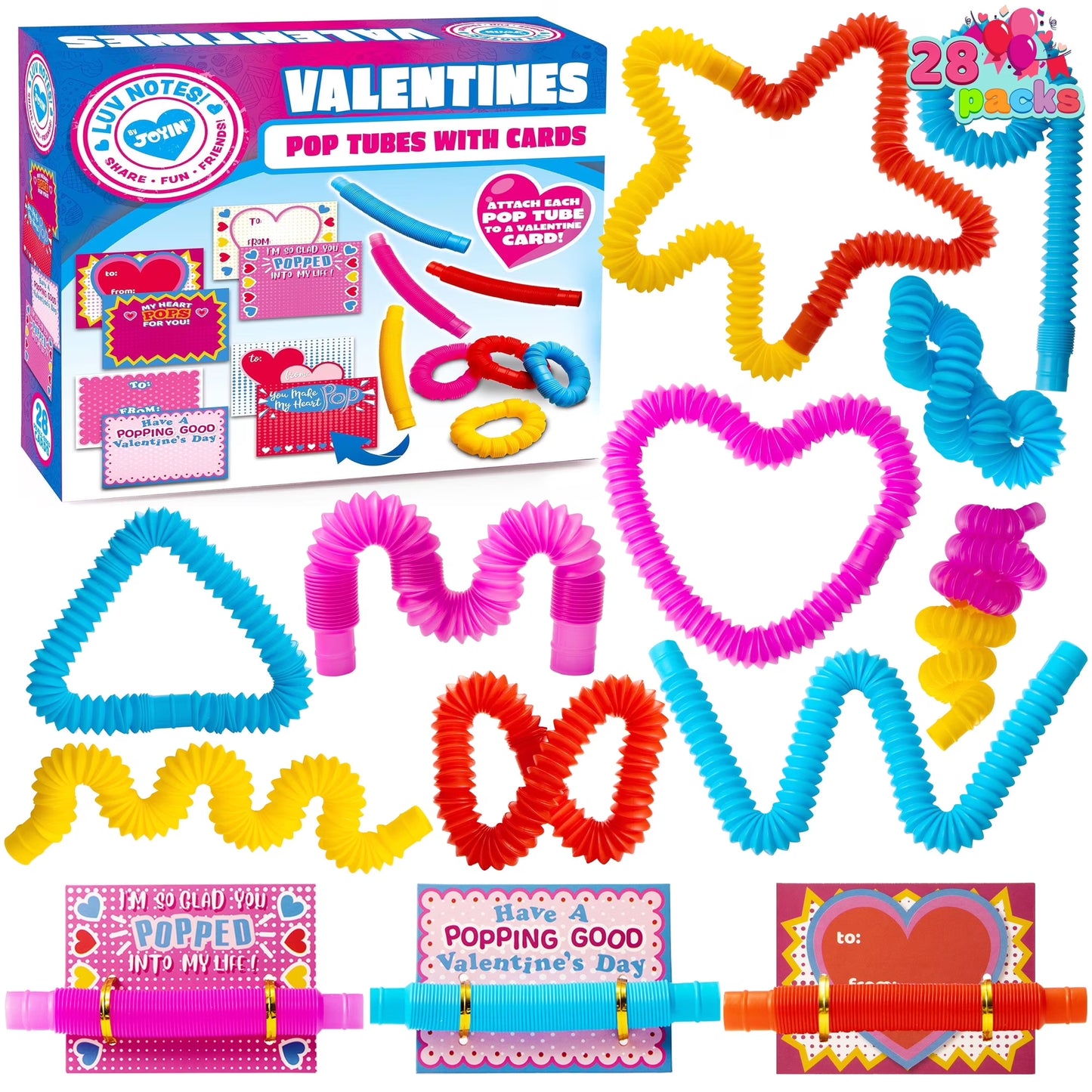 Joyfy 28 Packs Valentines Cards with Pop Tubes for Kids, Stress Relief Fidgets Toys for Valentines School Class Exchange Gifts for 2 to 8 Years