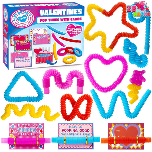 Joyfy 28 Packs Valentines Cards with Pop Tubes for Kids, Stress Relief Fidgets Toys for Valentines School Class Exchange Gifts for 2 to 8 Years