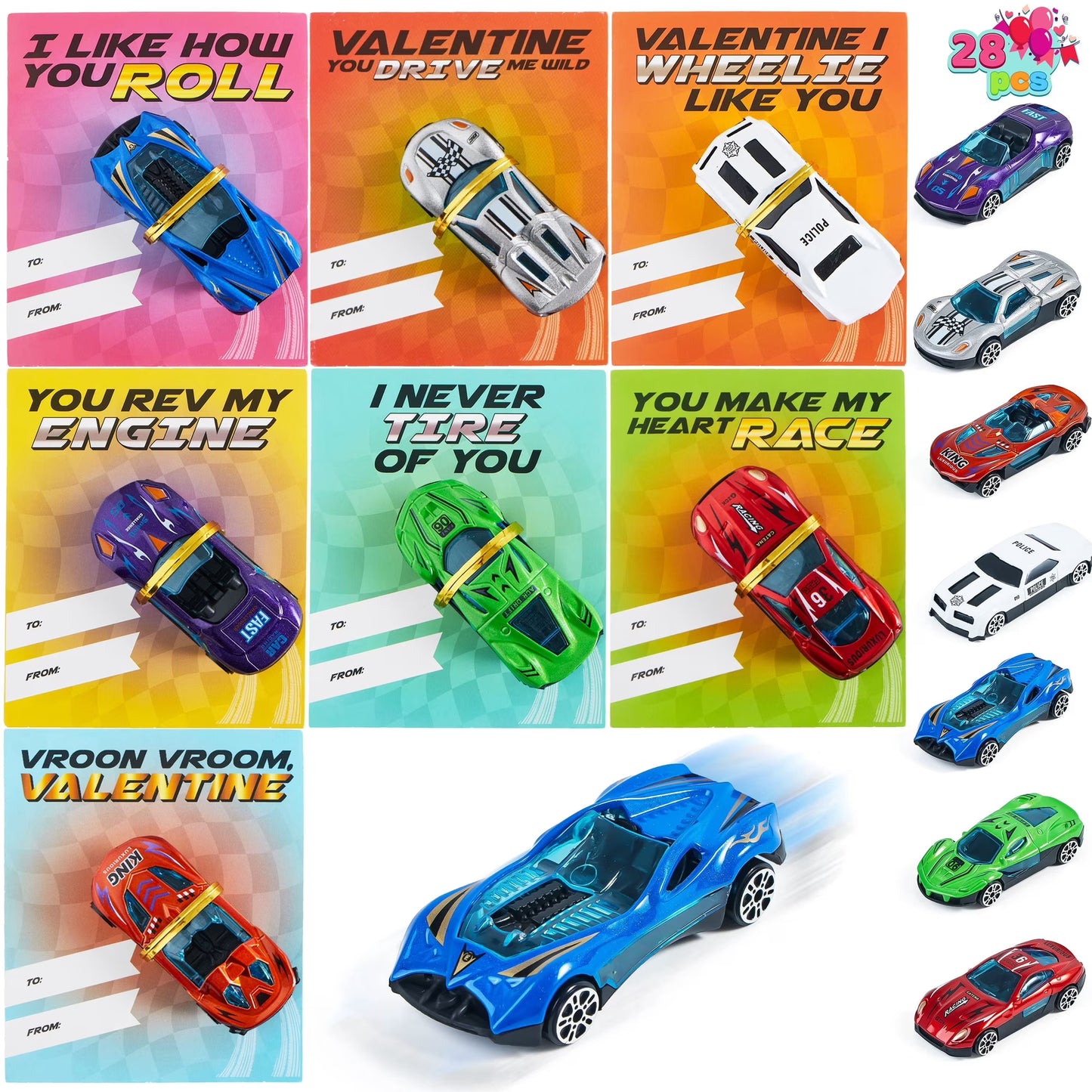 Joyfy 28 Packs Valentines Day Cards for Kids with Die-Cast Racing Cars, Valentines School Classroom Exchange Party Favor Gift Supplies, Boys Valentine