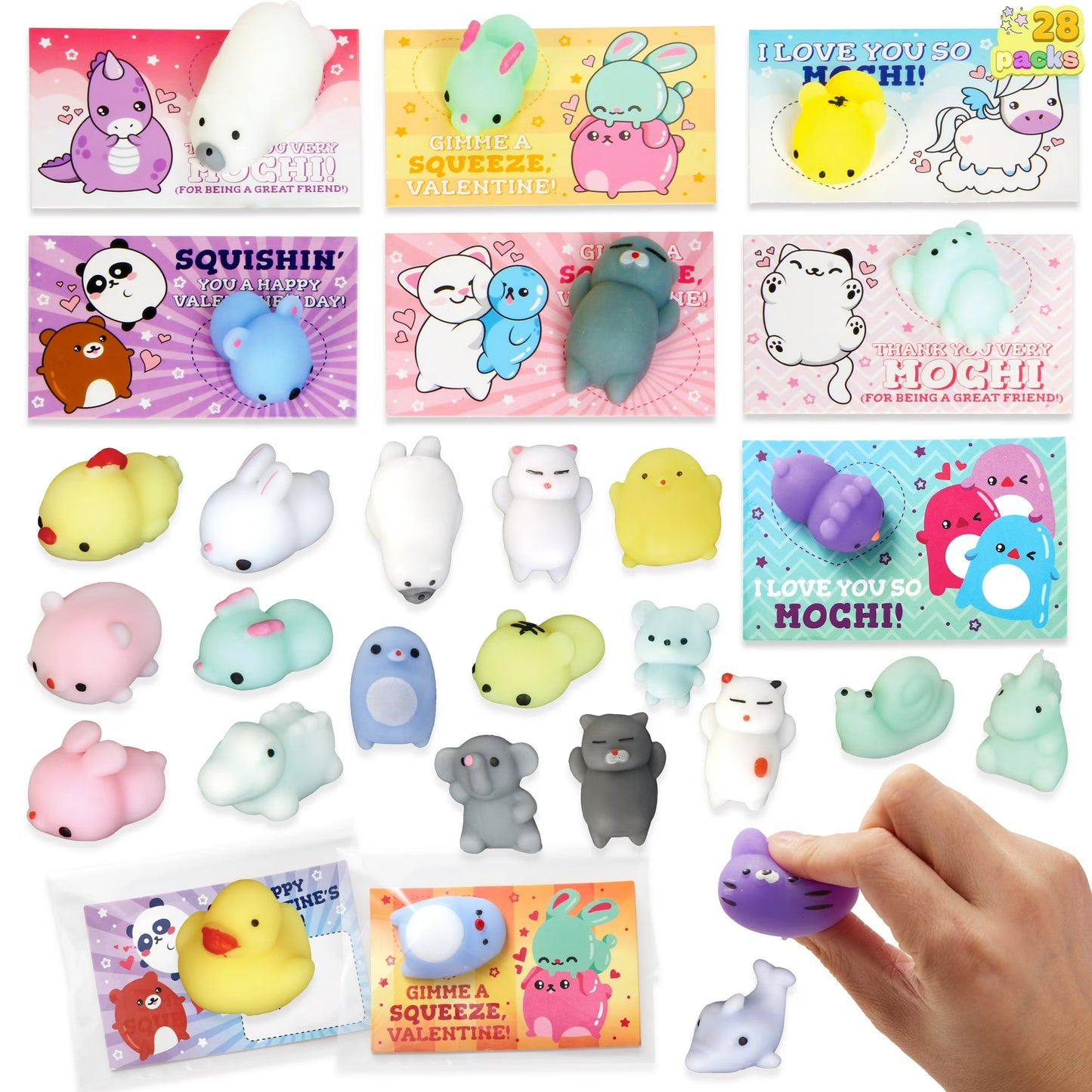 Joyfy 28 Packs Valentines Day Cards with Squishy Toys for Kids, Cute Animals Mochi Squishies Fidget Toy for Kids School Classroom Exchange Cards, Valentine Party Favors
