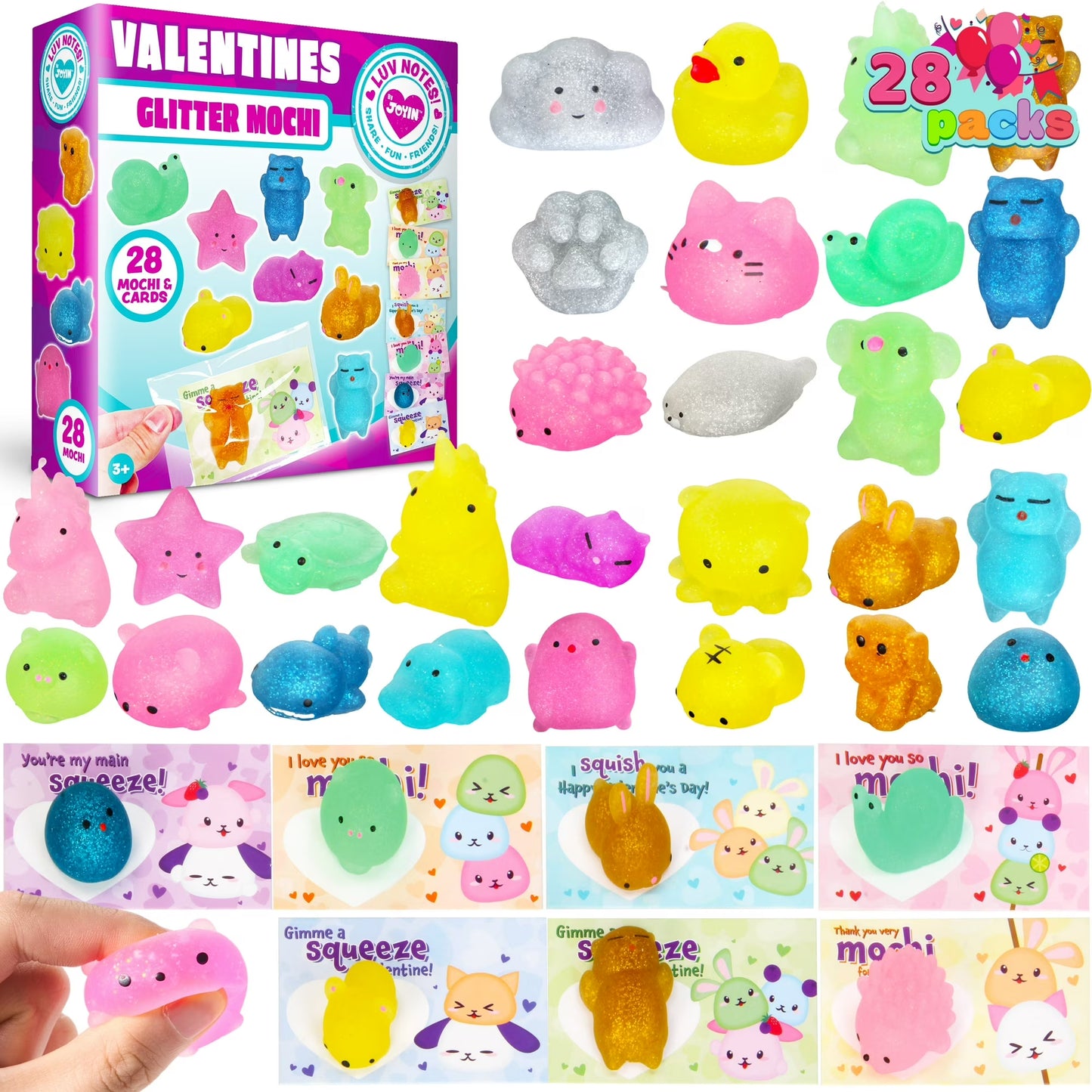 Joyfy 28 Packs Valentines Day Cards with Squishy Toys for Kids, Glitter Mochi Animal Squeeze Fidget Toys Valentines for Kids Class Favors Exchange Cards Gifts