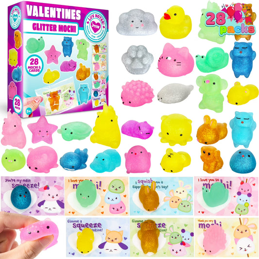 Joyfy 28 Packs Valentines Day Cards with Squishy Toys for Kids, Glitter Mochi Animal Squeeze Fidget Toys Valentines for Kids Class Favors Exchange Cards Gifts
