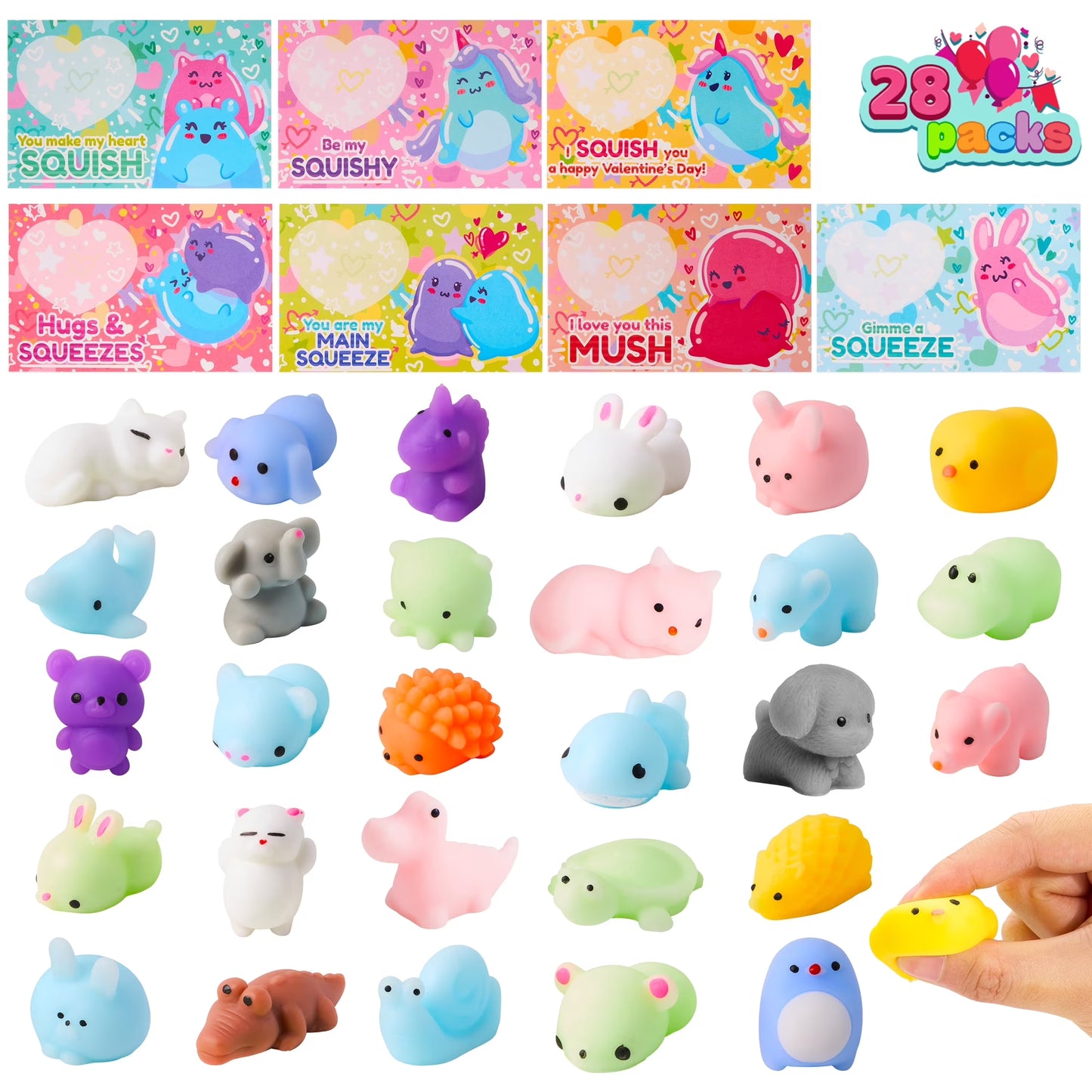 Joyfy 28 Packs Valentines Day Cards with Mochi Squishy Toys Gift Set, Animal Squeeze Fidget Toys for Kids Valentines School Class Exchange Cards, Valentine Party Favors