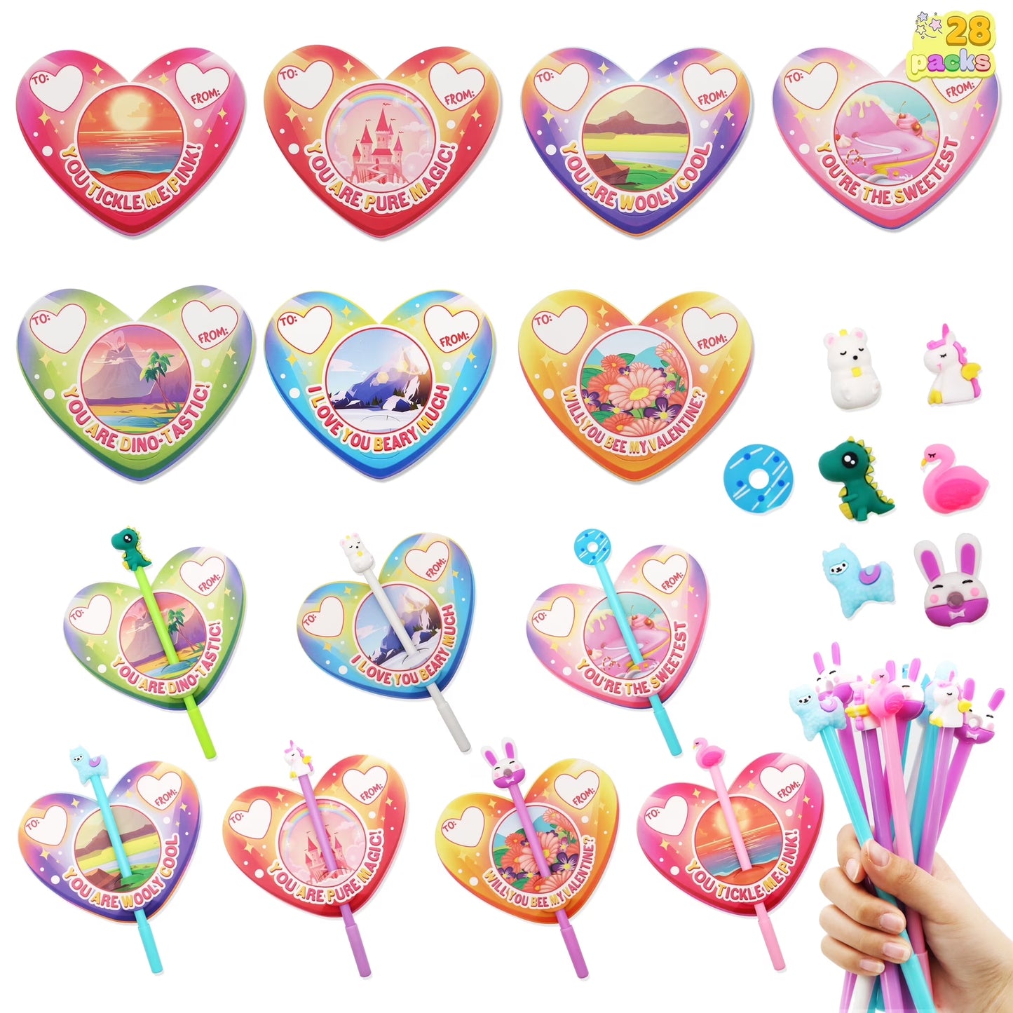 Joyfy 28 Packs Valentines Day Cards with Animal Pen for Kids,Stationery Gift Set for Kids Class Exchange Party Favor