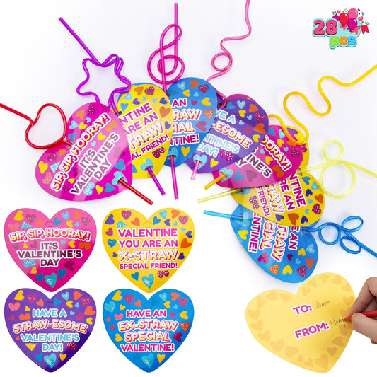 Joyfy 28 Packs Valentines Day Cards with Gift Colorful Crazy Loop Reusable Drinking Straws for Kids Valentine Party Favors Toy