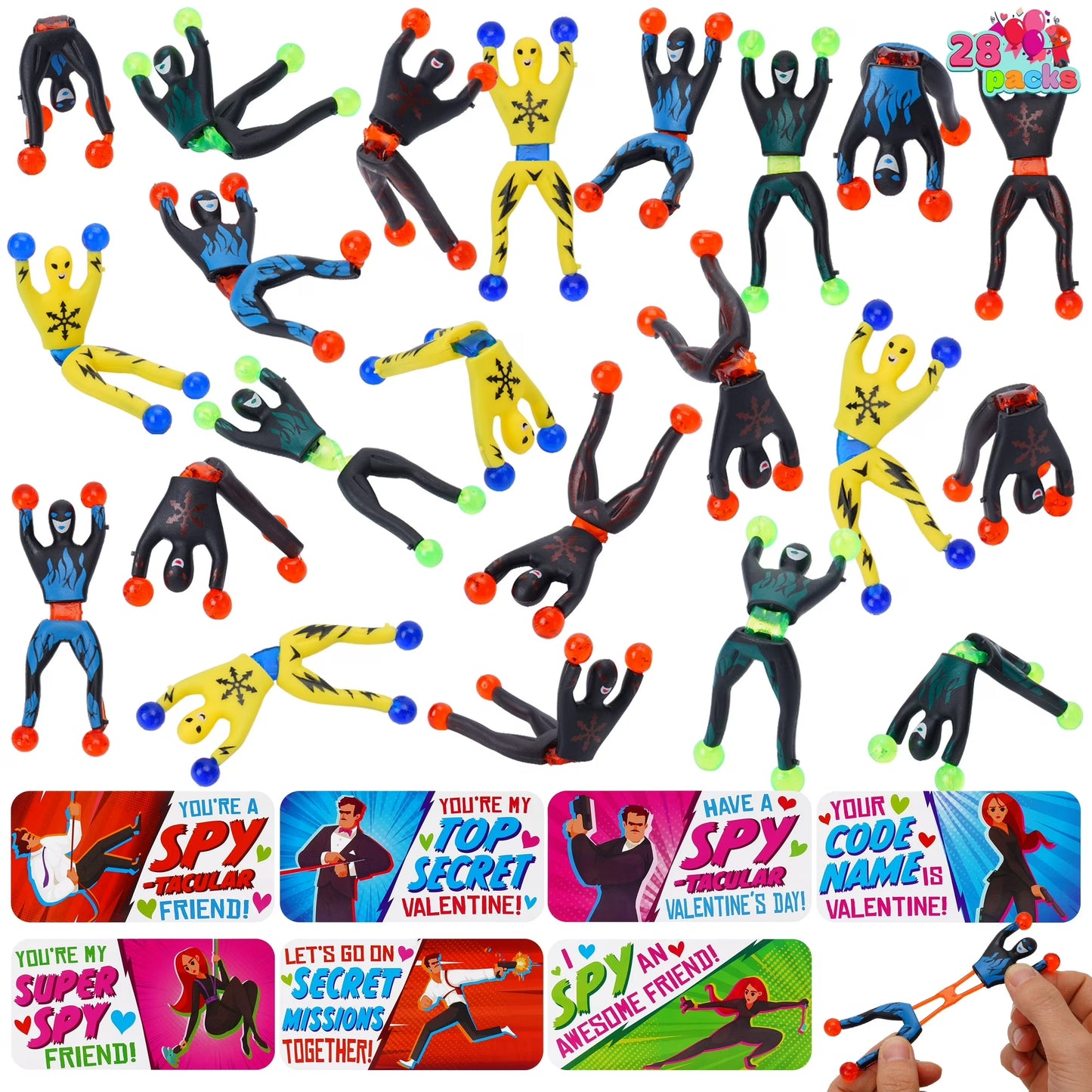 Joyfy 28 Packs Valentines Day Sticky Wall Climbing Men Ninja with Gifts Cards Set, Stress Relief Toys, Valentines School Class Exchange Cards