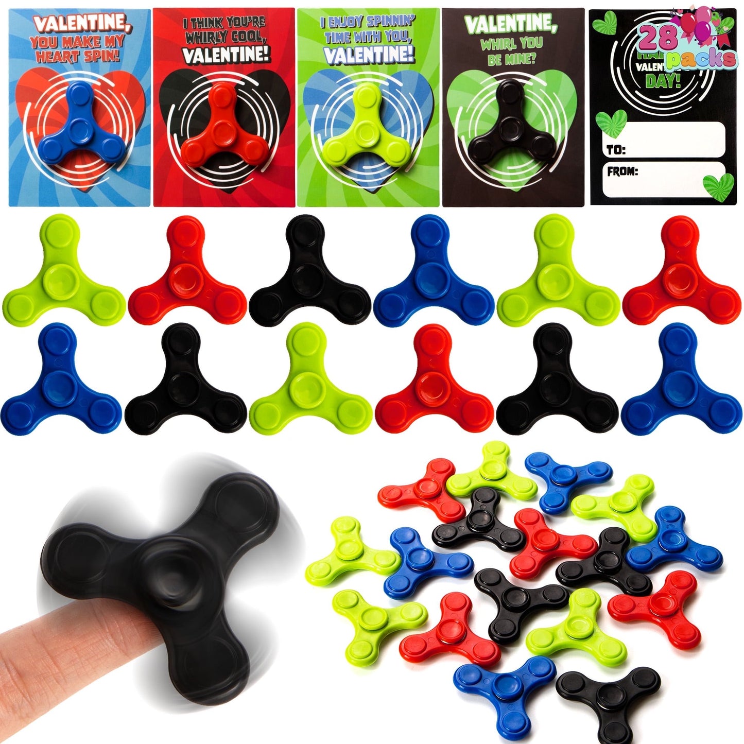 Joyfy 28 Packs Valentines Day Gift Set for Kids, Valentines Day Cards with Fidget Spinners, Hand Finger Spinner Fidget Toys for Kids Adult Party Favors