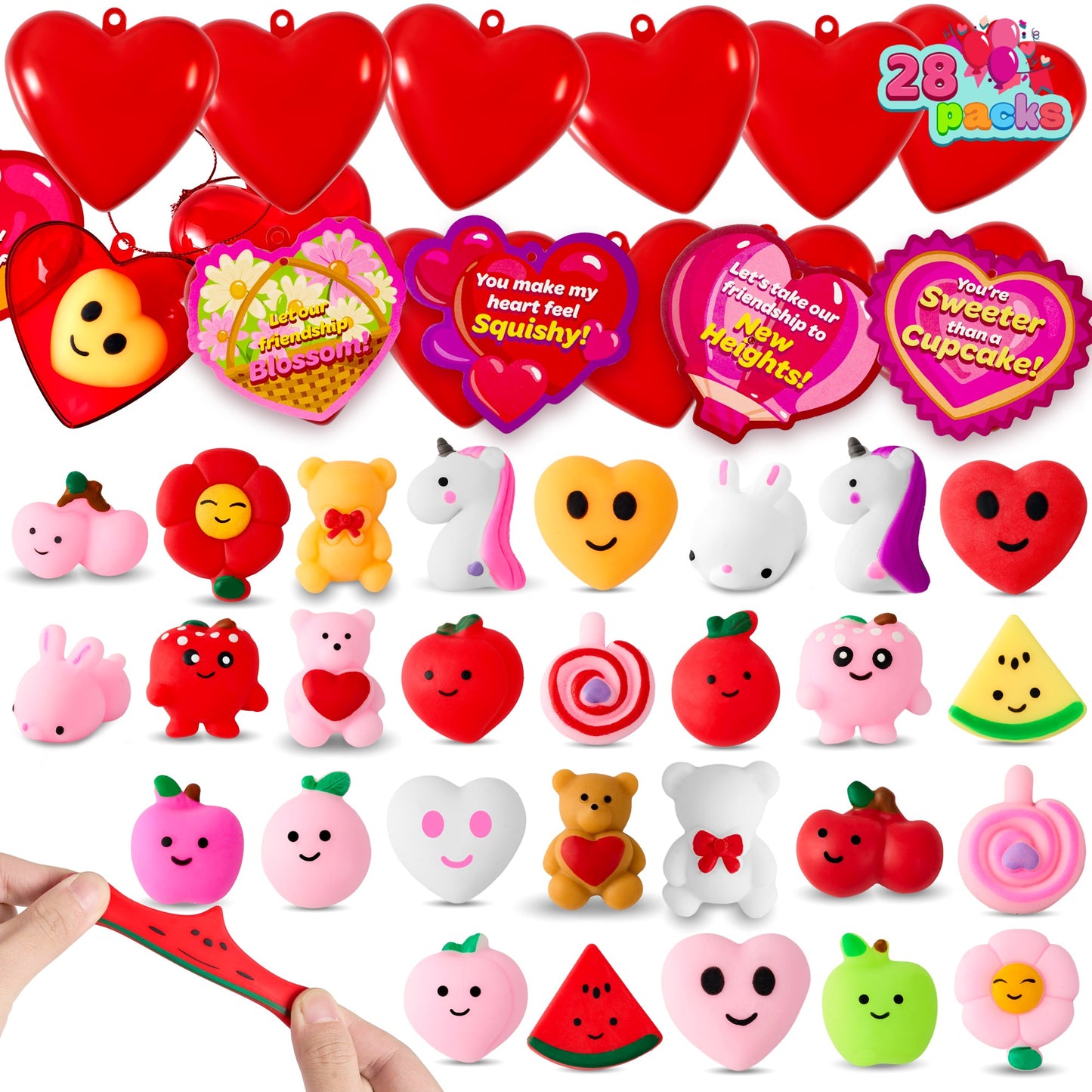 Joyfy 28 Packs Valentines Gifts for Kids, Valentine Kawaii Stress Relief Mochi Squishy Toys with Filled Hearts for Kids Classroom Exchange Cards Gifts, Valentines Party Favors